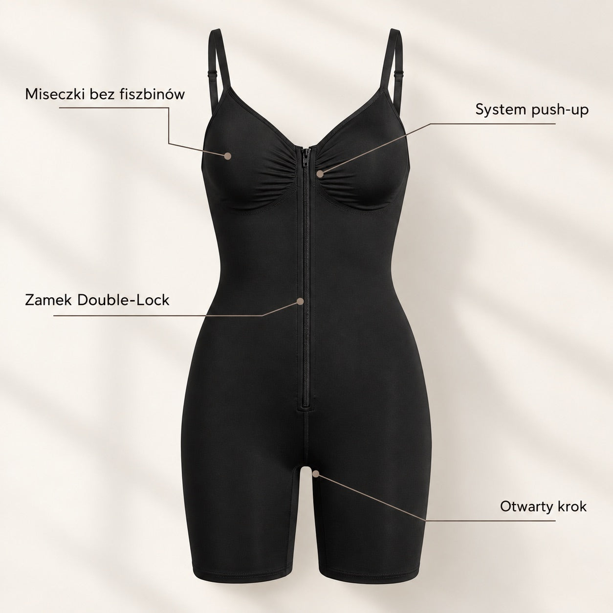Body Velmia z opisanymi elementami: miseczki bez fiszbinów, system push-up, zamek Double-Lock, otwarty krok